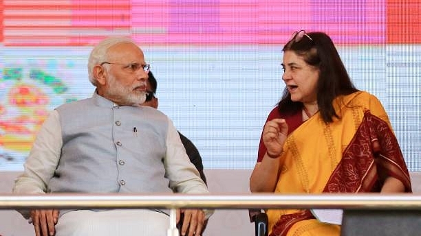 Prime Minister Narendra Modi and Union Minister Maneka Gandhi. (Photo by Vishal Bhatnagar/NurPhoto via Getty Images)