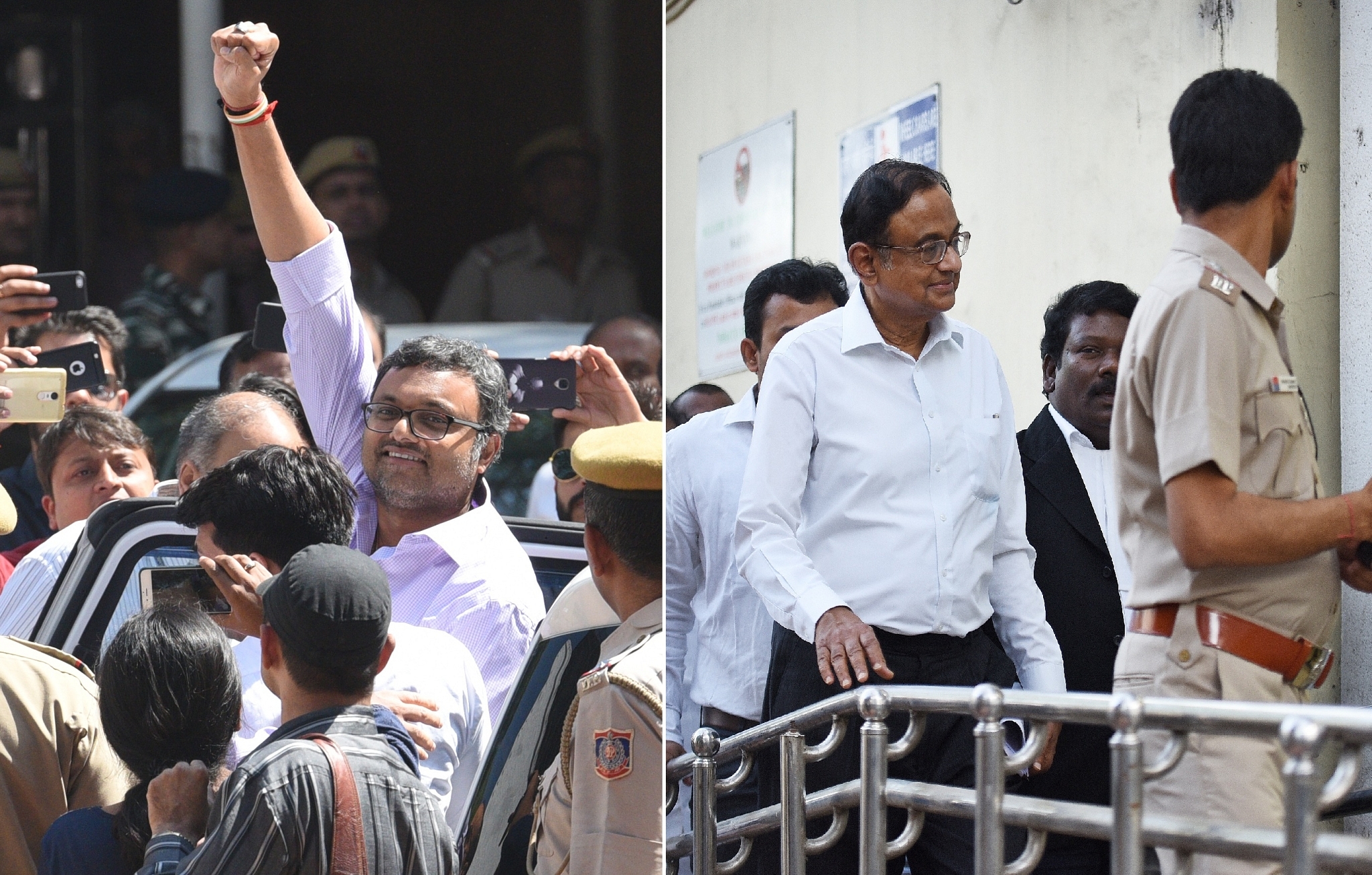 Karti Chidambaram (Raj K Raj/Hindustan Times via Getty Images) and  P Chidambaram (Sanchit Khanna/Hindustan Times via Getty Images)&nbsp;