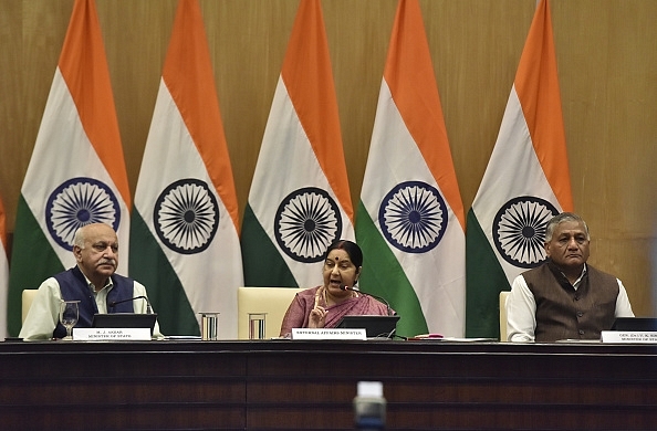 Minister of External Affairs of India Sushma Swaraj with State External Affairs Minister VK Singh (R) and MJ Akbar.( Sonu Mehta/Hindustan Times via Getty Images)