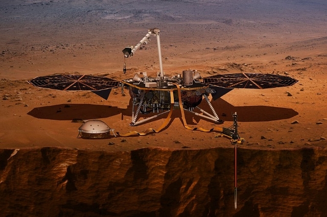 An artist’s impression of NASA’s Interior Exploration using Seismic Investigations, Geodesy and Heat Transport (InSight) lander (NASA/JPL-Caltech)
