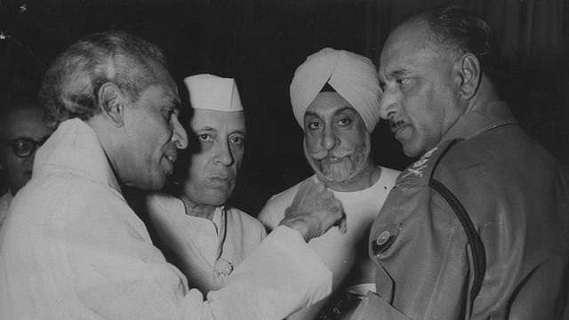 (L to R) Defence minister K V Krishna Menon, prime minister Jawaharlal Nehru, junior defence minister Majithia, and General K S Thimayya. 