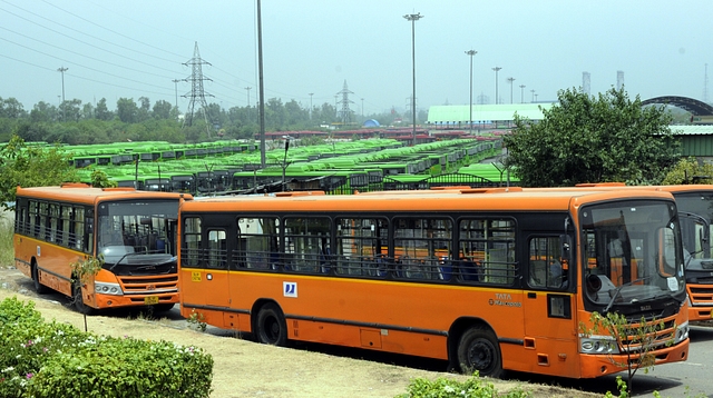 DTC and DIMTS Cluster Buses parked at the Indraprastha Terminal (Sonu Mehta/Hindustan Times via Getty Images)