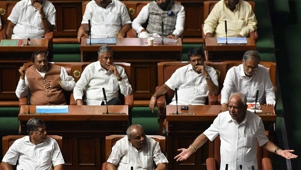 Former Karnataka chief minister B S Yeddyurappa addressing the house before resigning. (Arijit Sen/Hindustan Times via Getty Images)