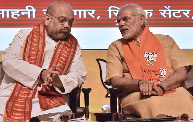 BJP national president Amit Shah and Prime Minister Narendra Modi in New Delhi. (Sonu Mehta/Hindustan Times via GettyImages)