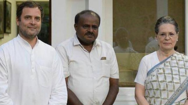 Karnataka Chief Minister H D Kumaraswamy with Congress President Rahul Gandhi and former Congress president Sonia Gandhi