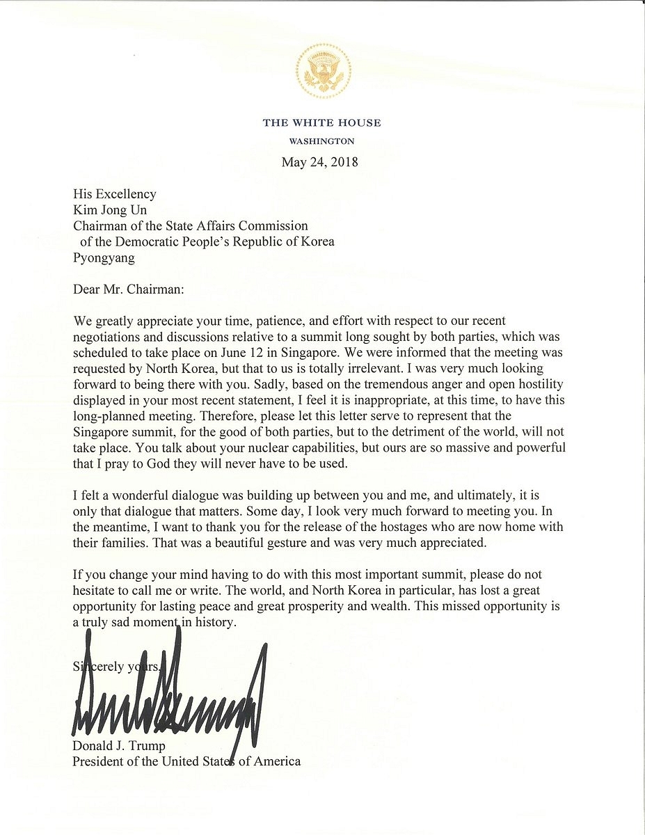 The <a href="https://45.wh.gov/sDF8YL">letter</a> from Trump to Kim Jong-un stating that “It is inappropriate, at this time, to have this long-planned meeting.” (White House via Twitter)