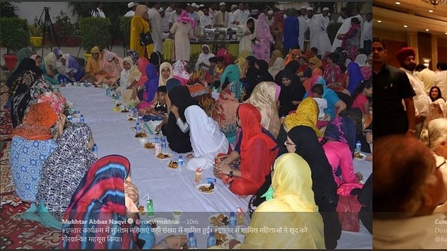 The Iftaar hosted by BJP’s Naqvi (left) and the party hosted by Rahul Gandhi (right) (@imrankit/Twitter)