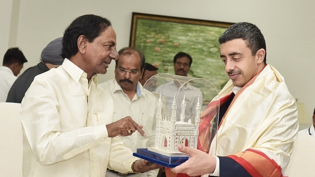 Telangana CM K Chandrashekar Rao with UAE’s Foreign Minister Sheikh Abdullah Bin Zayed Al Nahyan. (pic via Twitter)