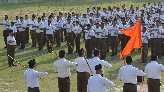 RSS volunteers during Pad Sanchalan  in Varanasi (Adarsh Gupta/Hindustan Times via Getty Images)