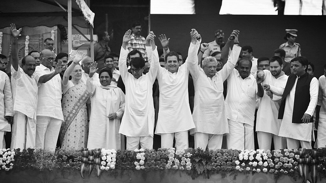 NCP Chief Sharad Pawar, UPA Chairperson Sonia Gandhi, BSP Chief Mayawati, Ajit Singh, Congress President Rahul Gandhi, CPI leader Sitaram Yechury, RJD leader Tejashwi Yadav and Samajwadi Party leader Akhilesh Yadav with the new Chief Minister of Karnataka HD Kumarswamy during his swearing-in ceremony at the Grand Steps of Vidhana Soudha on May 23, 2018 in Bengaluru, India. (Arijit Sen/Hindustan Times via Getty Images)