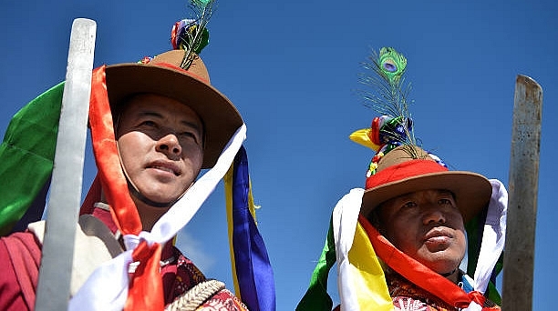 Tribal men in traditional dress in Tawang. (TAUSEEF MUSTAFA/AFP/Getty Images)