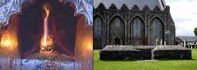 Jwalamukhi temple – the fire: <i>chit-agni</i> of the goddess still burns; the remains of the fire temple of Brighid and the Cathedral behind.