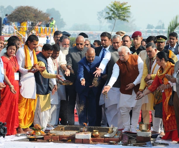 President Ram Nath Kovind, centre, with Governor Haryana Kaptan Singh Solanki, Chief Minister Manohar Lal Khattar and Himachal Pradesh Governor Acharya Dev Vrat during Gita Mahotsav 2017.