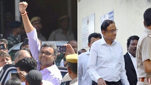 Karti Chidambaram (Raj K Raj/Hindustan Times via Getty Images) and  P Chidambaram (Sanchit Khanna/Hindustan Times via Getty Images)&nbsp;