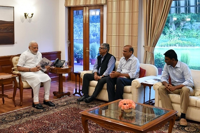 Prime Minister Narendra Modi with Swarajya’s Editorial Director R Jagannathan, CEO Prasanna Viswanathan and Publisher Amar Govindarajan.