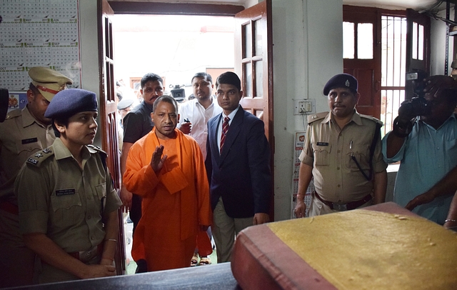 Uttar Pradesh Chief Minister Yogi Adityanath makes a surprise inspection to Hazratganj Police Station. (Deepak Gupta/Hindustan Times via Getty Images)