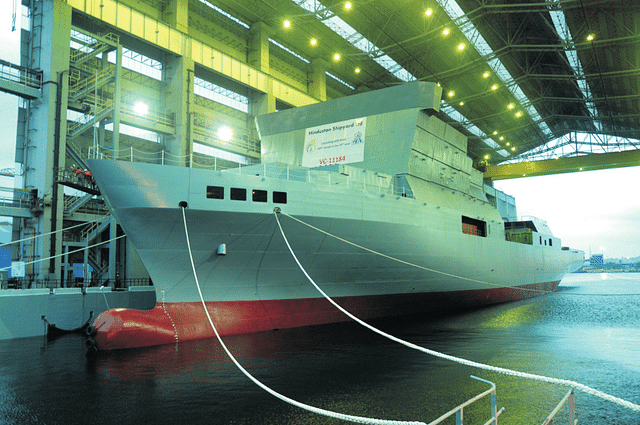 Floating out of VC11184 ocean surveillance ship at Hindustan Shipyard Limited, Visakhapatnam.