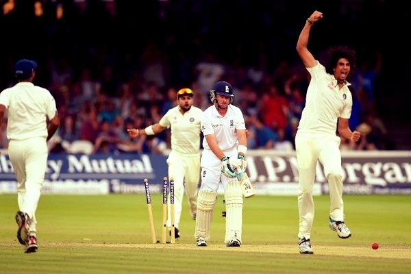 England batsman Ian Bell looks on in disbelief as India bowler Ishant Sharma celebrates during day four of second Investec test match between England and India at Lord’s Cricket Ground, 2014, in London. (Stu Forster/Getty Images)