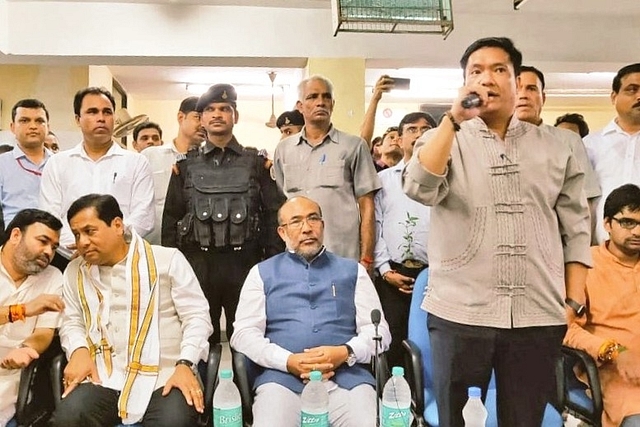 The BJP Chief Ministers in JNU, Sarbananda Sonowal (L), N Biren Singh (C)and Pema Khandu (R). (pic via Twitter)