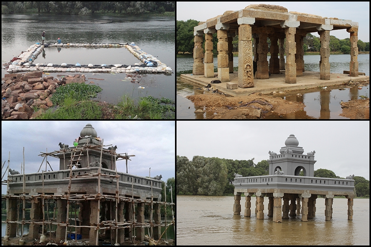 Restoration work at the 16-pillar Mantapa of Sri Srikanteshwara Temple of Nanjangudu before (left) and after (right) restoration