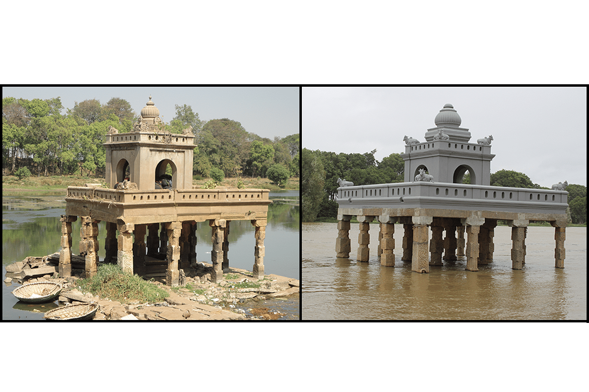 The 16-pillar Mantapa of Sri Srikanteshwara Temple of Nanjangudu before (left) and after (right) restoration