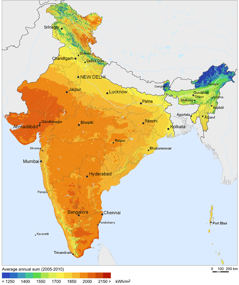 India’s Solar Irradiance Map. Irradiance is a measurement of solar power and is defined as the rate at which solar energy falls onto a surface. (Wikimedia Commons)