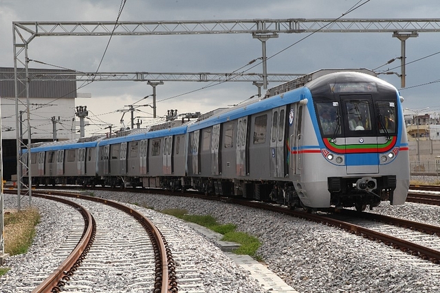 A Hyderabad Metro train at a depot (L&amp;T HMRL)