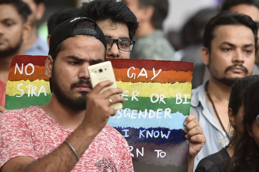 LGBT community members during the protest against Article 377 at Jantar Mantar  in New Delhi, India. (Raj K Raj/Hindustan Times via Gett Images)