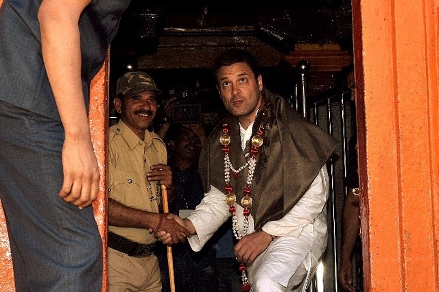 Congress President Rahul Gandhi during his visit to Shree Renuka Yellamma Temple. (Arijit Sen/Hindustan Times via Getty Images)