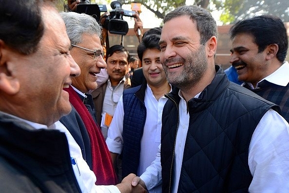 
Rahul Gandhi  and Sitaram Yechury at Parliament 
house. (Pankaj Nangia/Getty 
Images).

