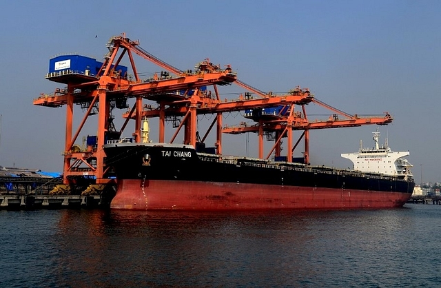 A ship anchored at Visakhapatnam Seaport on 2 February 2016 in Visakhapatnam, India. (Abhijit Bhatlekar/Mint via Getty Images)&nbsp;