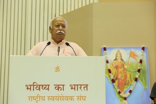 RSS sarsangchalak Mohan Bhagwat addressing a gathering on the “Bharat of the Future” at an RSS event. (RSS/Twitter)