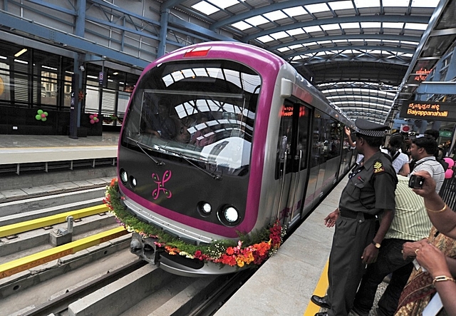 The Namma Metro at Mahatma Gandhi road station in Bangalore. (Jagdeesh MV/Hindustan Times via Getty Images)