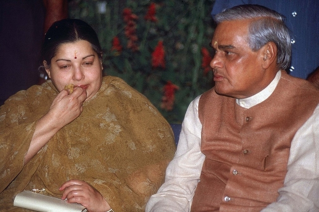 Former PM, Bharat Ratna Atal Bihari Vajpayee with J Jayalalitha, Former CM Tamil Nadu greeting well wishers. (Photo by Saxena Sharad/The India Today Group/Getty Images)