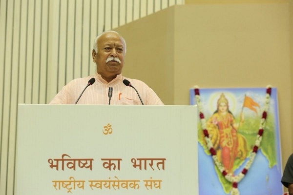 RSS Sarsangchalak Mohan Bhagwat addressing a gathering on the “Bharat of the Future” at an RSS event. (RSS/Twitter)