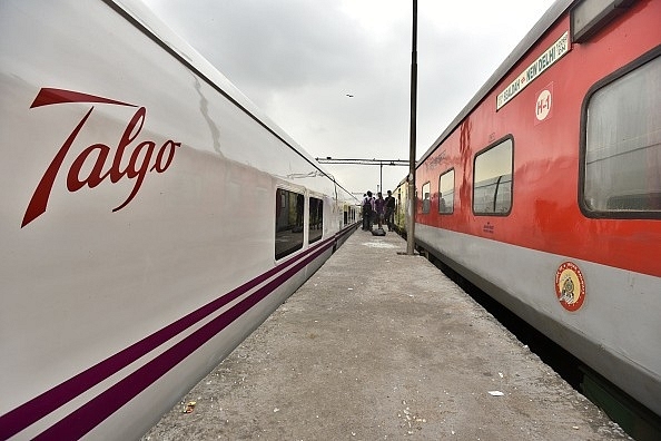 A high-speed Talgo Train stands on a platform next to a Rajdhani Express in New Delhi, India. (Raj K Raj/Hindustan Times via Getty Images)