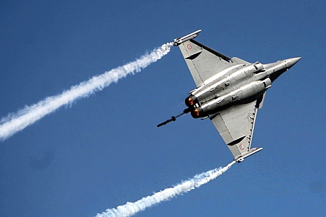 A fighter plane taking part in an air show as part of Aero India. (Photo by Shekhar Yadav/India Today Group/GettyImages)