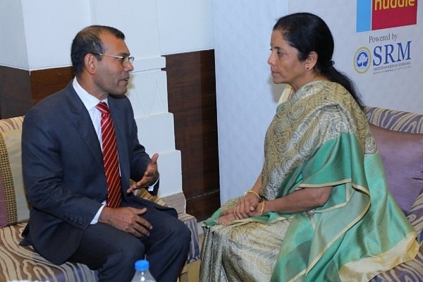 Maldives’ exiled former President Mohamed Nasheed&nbsp; with Defence Minister Nirmala Sitharaman. (Mohamed Nasheed/Twitter)