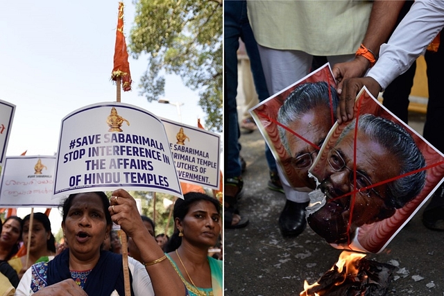 Women take part in a protest against the SC’s verdict. (Biplov Bhuyan/Hindustan Times via Getty Images) Right, protesters burn posters of Chief Minister of Kerala Pinarayi Vijayan. (Biplov Bhuyan/Hindustan Times via Getty Images)