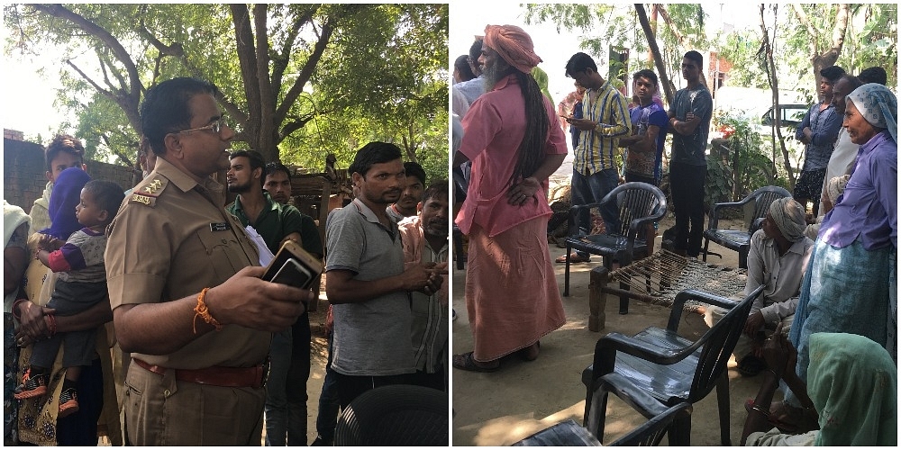 (Left) SHO Premchand Sharma (right) villagers at the meeting
