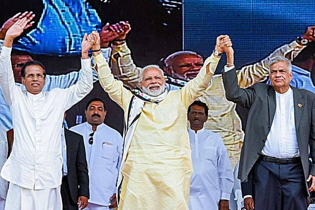 Prime Minister Narendra Modi with Sri Lankan President Sirisena and Prime Minister Wickremesinghe during his visit to the island nation. (www.president.gov.lk)