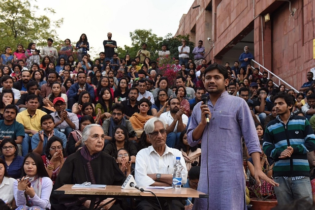 Historian Romila Thapar and Harbans Mukhia with JNU students Union President Kanhaiya Kumar at Jawaharlal Nehru University (JNU) Campus on March 6, 2016 in New Delhi, India (Photo by Sushil Kumar/Hindustan Times via Getty Images)