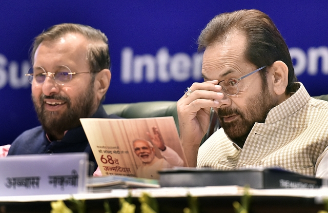  Minister of Human Resource Development Prakash Javadekar and Minister of Minority Affairs Mukhtar Abbas Naqvi. (Sonu Mehta/Hindustan Times via Getty Images)&nbsp;