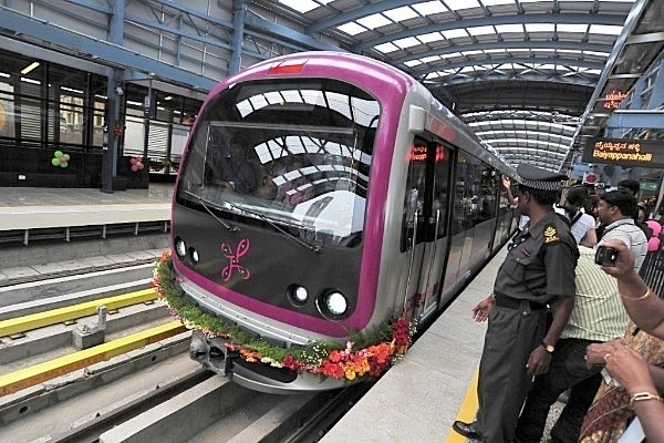 The Namma Metro at Mahatma Gandhi road station in Bengaluru. (Jagdeesh MV/Hindustan Times via Getty Images)