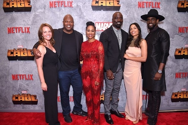 Allie Goss, V-P, Original Series, at Netflix,  Cheo Hodari Coker, Simone Missick, Mike Colter, Rosario Dawson and Mustafa Shakir attend the Netflix Original Series Marvel’s Luke Cage Season 2 New York City Premiere on 21 June  2018. (Photo by Michael Loccisano/Getty Images for Netflix)