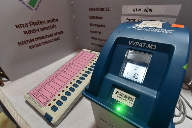  A VVPAT machine along with EVM on display at Narmada Bhawan (Photo by Mujeeb Faruqui/Hindustan Times via Getty Images)