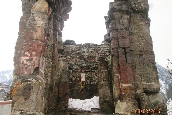 Sharada Peetha with a photo of Mata Sharada, installed by civil society members of Pakistan-occupied Kashmir inside the temple. (Photo: Ravinder Pandita)