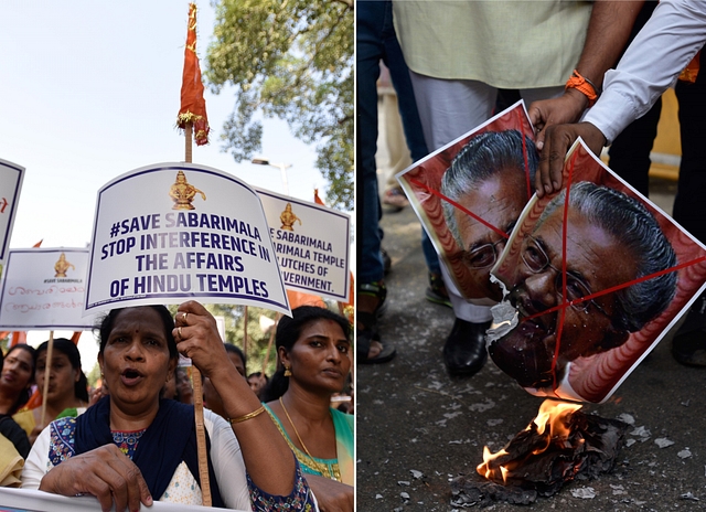 Women take part in a protest against the SC’s verdict. (Biplov Bhuyan/Hindustan Times via Getty Images) Right, protesters burn posters of Chief Minister of Kerala Pinarayi Vijayan. (Biplov Bhuyan/Hindustan Times via Getty Images)