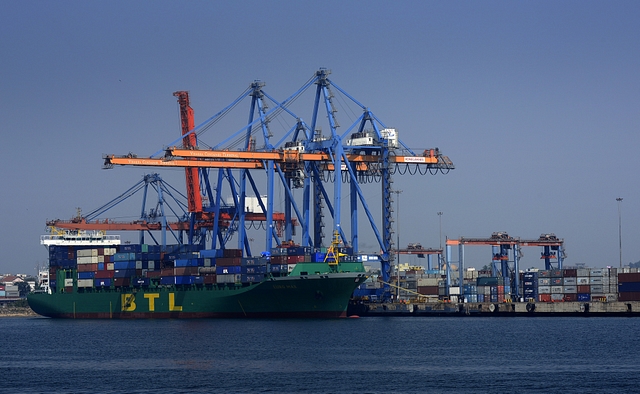 A ship anchored at Visakhapatnam Seaport on February 2, 2016 in Visakhapatnam, India. It is India’s second largest port by volume of cargo handled. (Abhijit Bhatlekar/Mint via Getty Images)&nbsp;