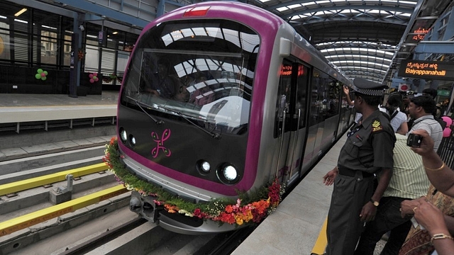 A Namma Metro train at Mahatma Gandhi road station in Bengaluru. (Representative image) (Photo by Jagdeesh MV/Hindustan Times via Getty Images)